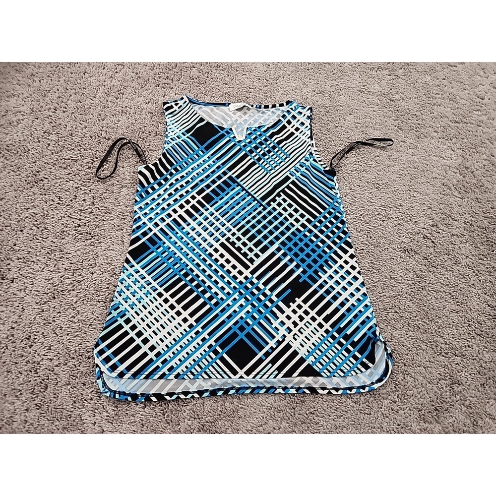 Calvin Klein Sleeveless Top Womens S Blue Geometric Plaid Modern Chic